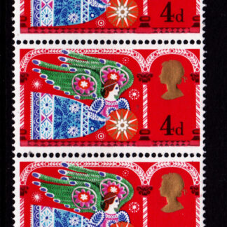 Christmas 1969c Commemorative 812b Strip 4d. Commemorating Christmas. This stamp shows 'The Herald Angel'. Traditional religious themes are featured on these stamps by Austrian-born designer Fritz Wegner. Issued 26th November 1969. Printed in photogravure by Harrision &