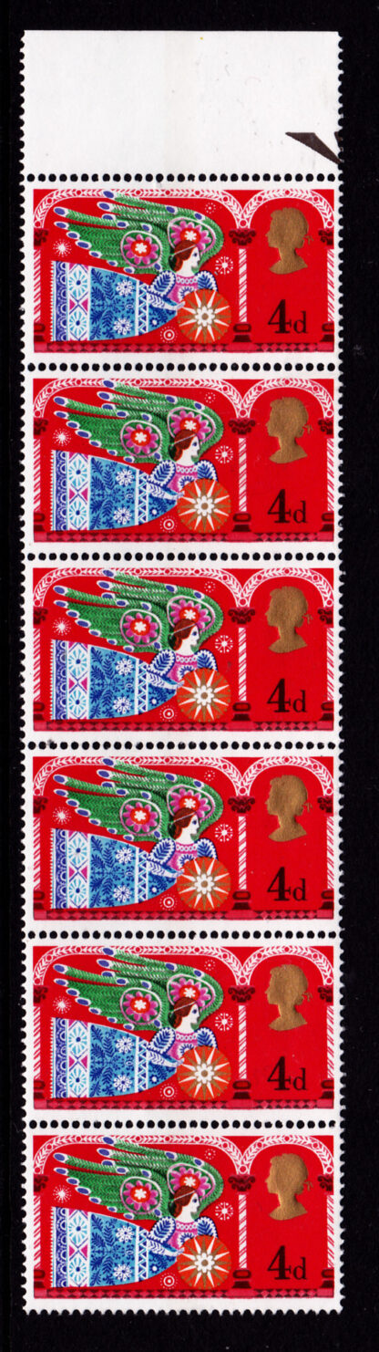Christmas 1969c Commemorative 812b Strip 4d. Commemorating Christmas. This stamp shows 'The Herald Angel'. Traditional religious themes are featured on these stamps by Austrian-born designer Fritz Wegner. Issued 26th November 1969. Printed in photogravure by Harrision &