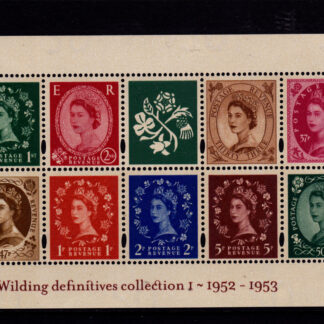 Miniature Sheet MS2326 Wilding Definitives 2002 Containing nine Wilding definitive stamps, denominations: 1st class, 2nd class, 33p, 37p, 47p, 1p, 2p, 5p, and 50p. Issued 5th December 2002 on pale cream paper. The stamps were printed by De La Rue Security Printers in photogravure on waterm