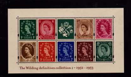 Miniature Sheet MS2326 Wilding Definitives 2002 Containing nine Wilding definitive stamps, denominations: 1st class, 2nd class, 33p, 37p, 47p, 1p, 2p, 5p, and 50p. Issued 5th December 2002 on pale cream paper. The stamps were printed by De La Rue Security Printers in photogravure on waterm