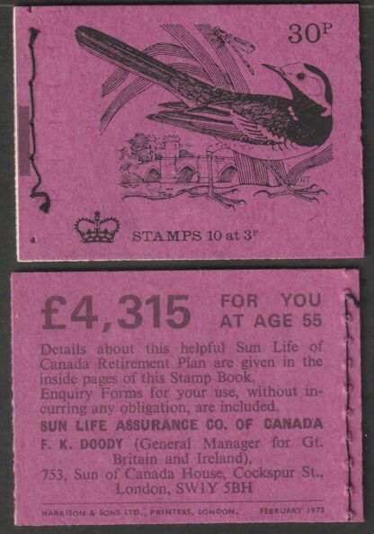 Booklet DQ62 30p Feb 72 Pied Wagtail
