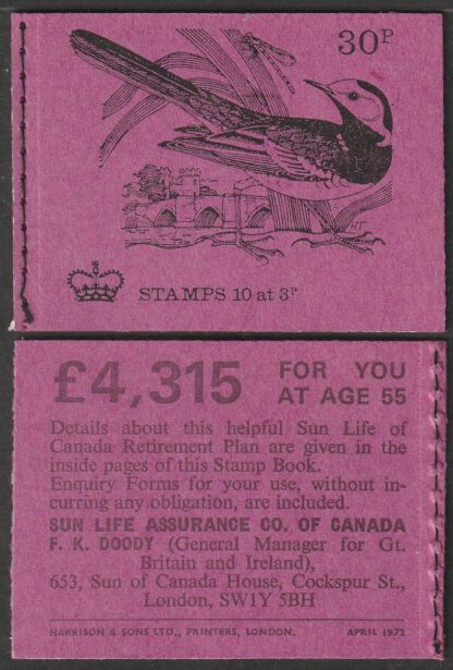 Booklet DQ63 30p Apr 72 Pied Wagtail