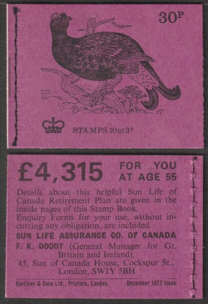 Booklet DQ67 30p Dec 72 Black Grouse