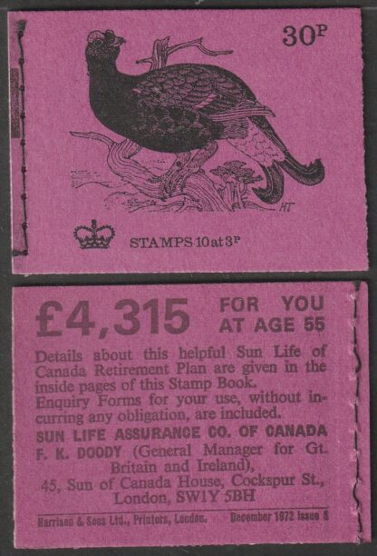 Booklet DQ68 30p Dec 72/S Black Grouse