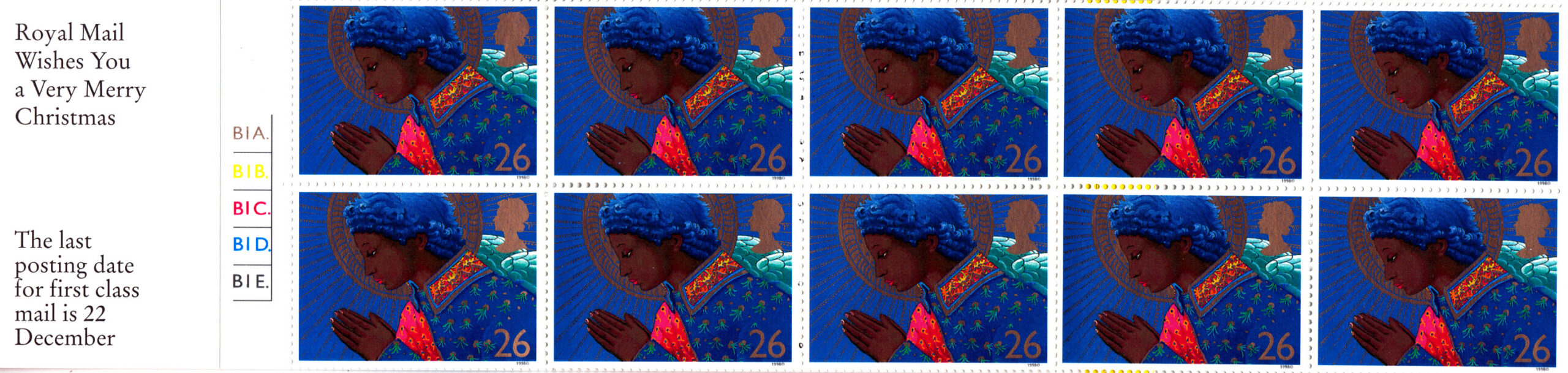 Booklet Christmas LX15 EEH 1998 Cyl 26p . Issued 2nd November 1998. 1st Class booklet with cylinder numbers and also containing 10 x 26p (first